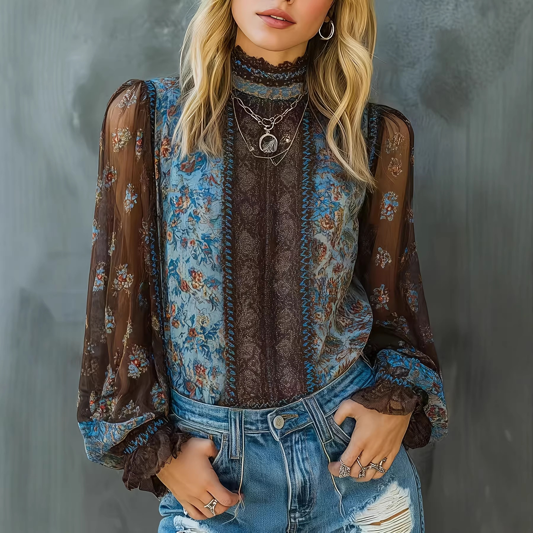 Mesh Top Layering - Women's Boho Floral Print Blouse High