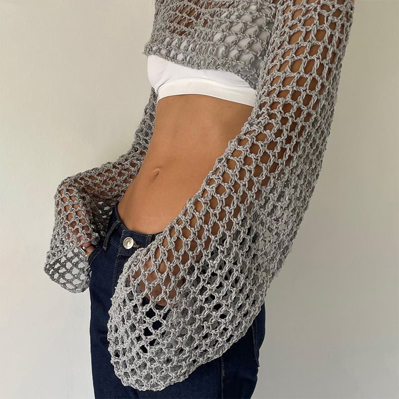 Mesh Top Layering - Long Sleeve Crochet Crop Top Summer