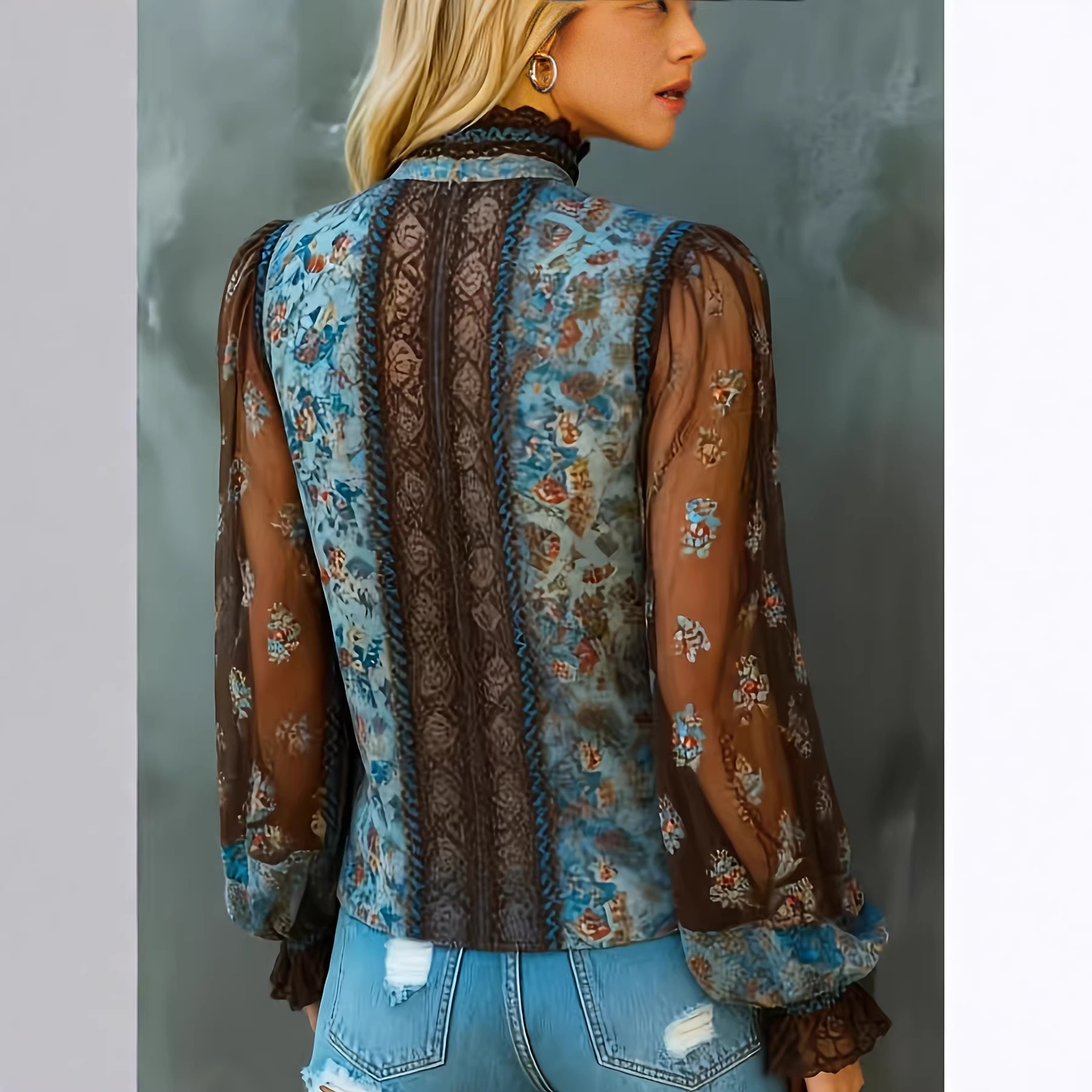 Women's Boho Floral Print Blou - Mesh Top Layering 评论和价格
