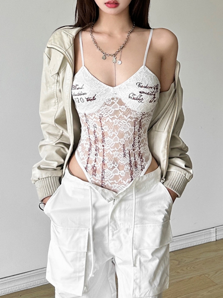 V-neck Bodysuit Lace Lingerie  - Mesh Top Layering 评论和价格