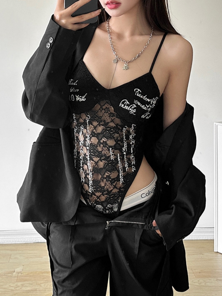 V-neck Bodysuit Lace Lingerie  - Mesh Top Layering 评论和价格