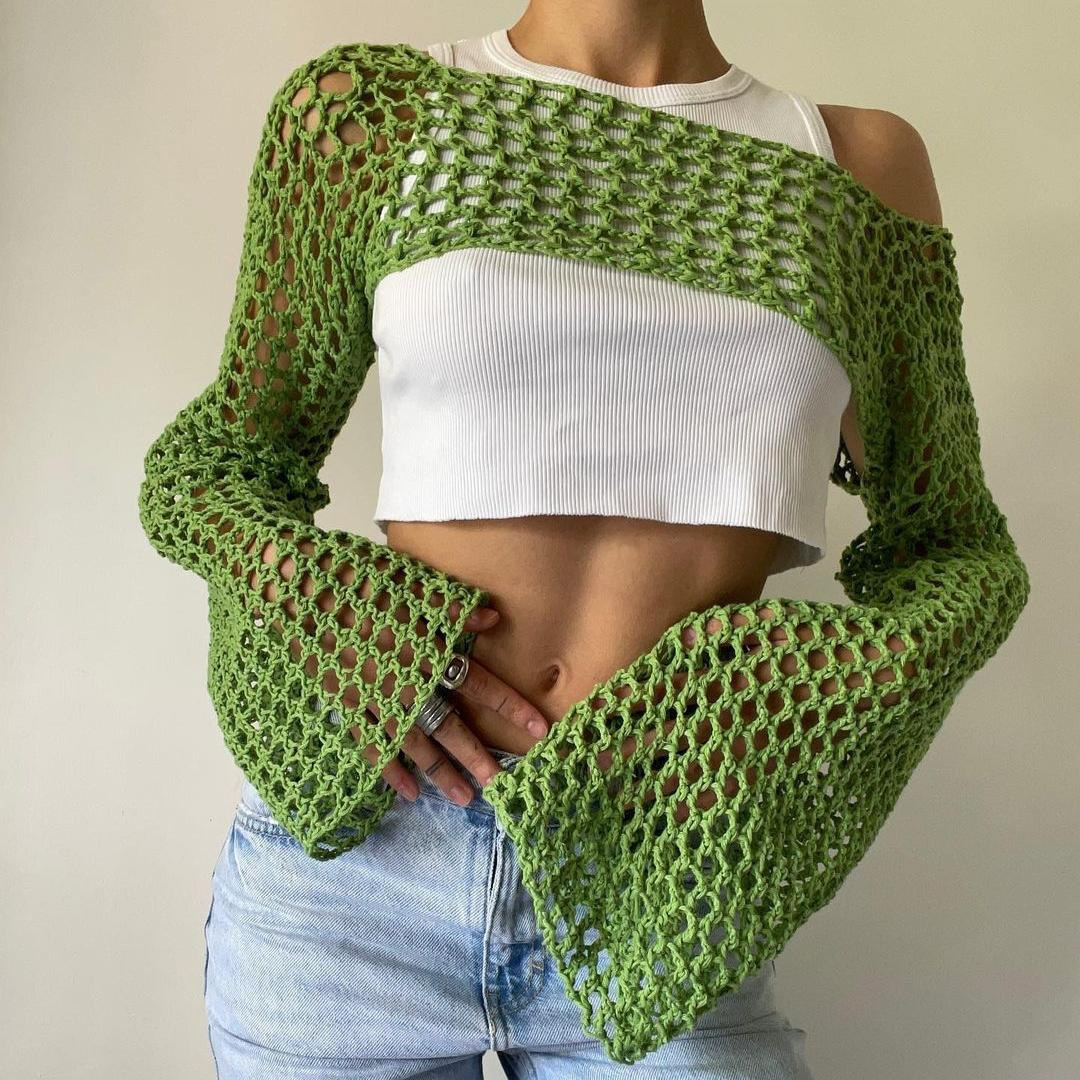 Long Sleeve Crochet Crop Top S - Mesh Top Layering 评论和价格