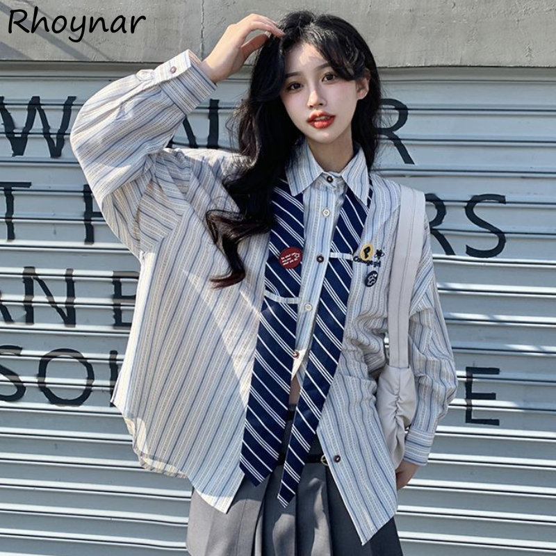 Striped Shirts Women Baggy Pre - Street Fashion In Japanese 评论和价格