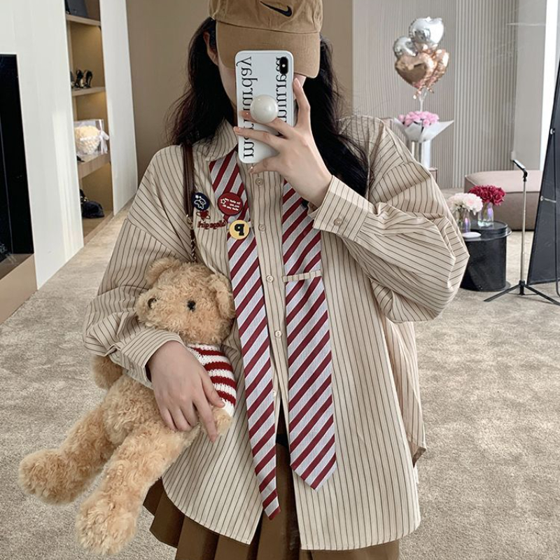 Striped Shirts Women Baggy Pre - Street Fashion In Japanese 评论和价格