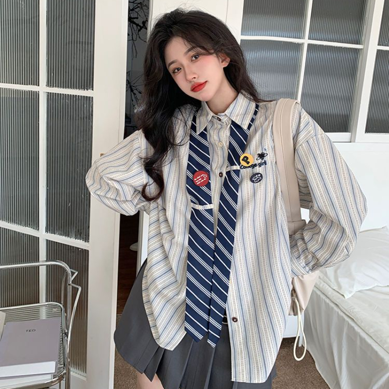 Striped Shirts Women Baggy Pre - Street Fashion In Japanese 评论和价格